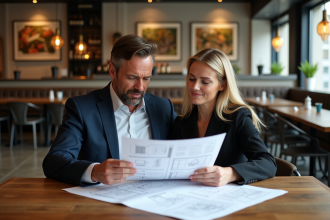 Deux professionnels discutent de documents dans un restaurant moderne