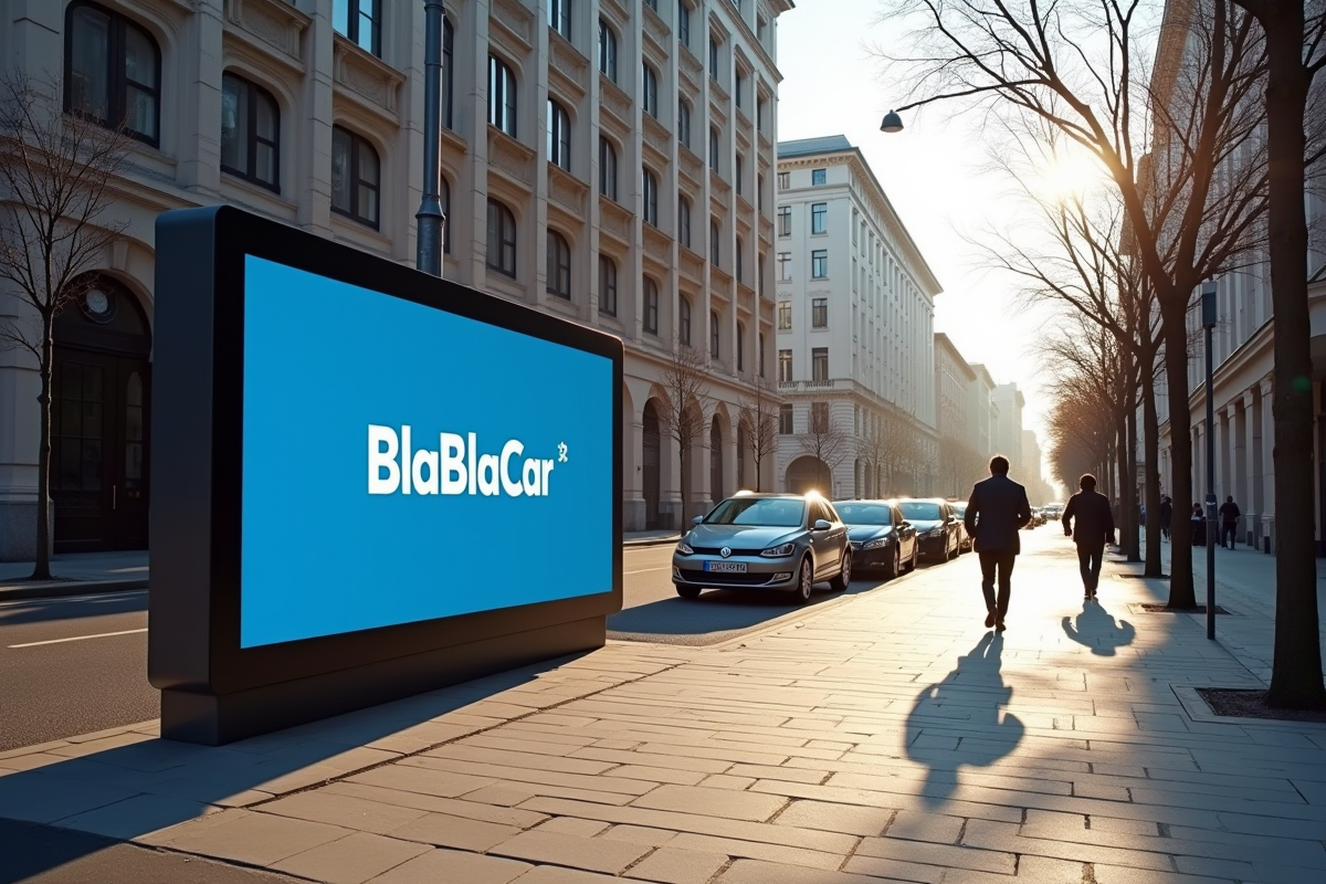 Panneau publicitaire BlaBlaCar dans une rue urbaine