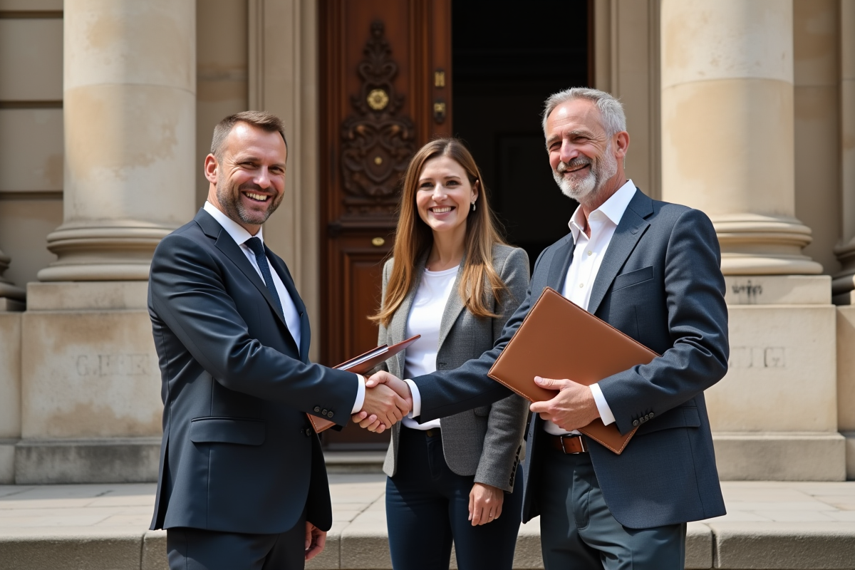 Trois personnes souriantes échangent des dossiers devant un bâtiment historique