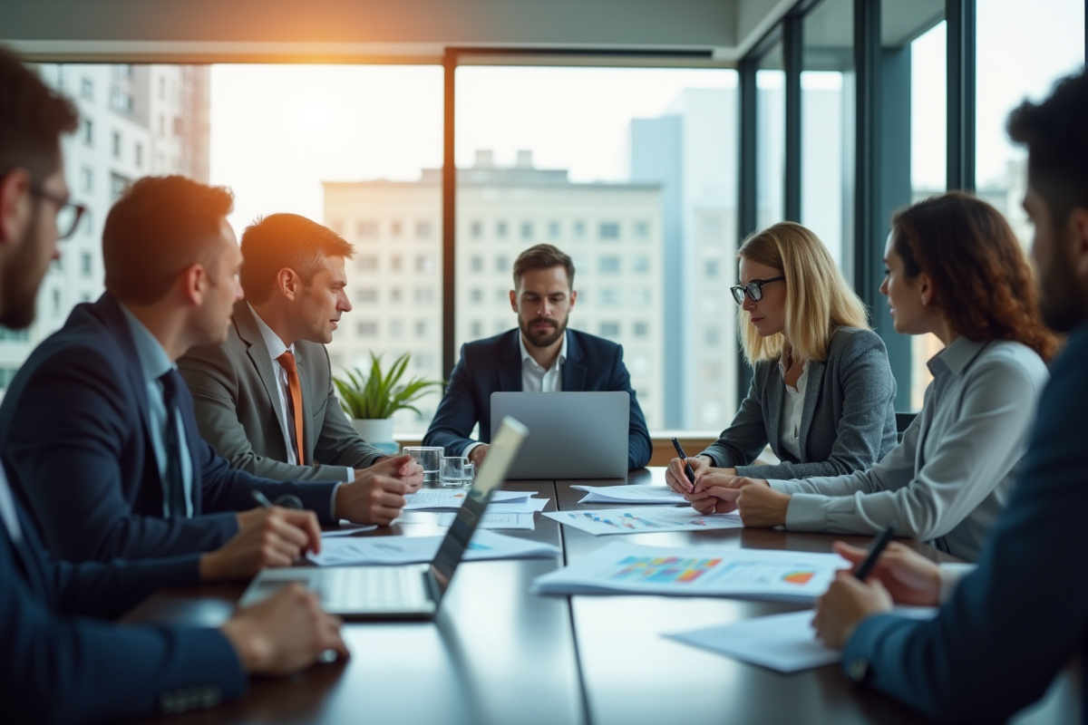 Groupe de professionnels autour d'une table analysant des graphiques