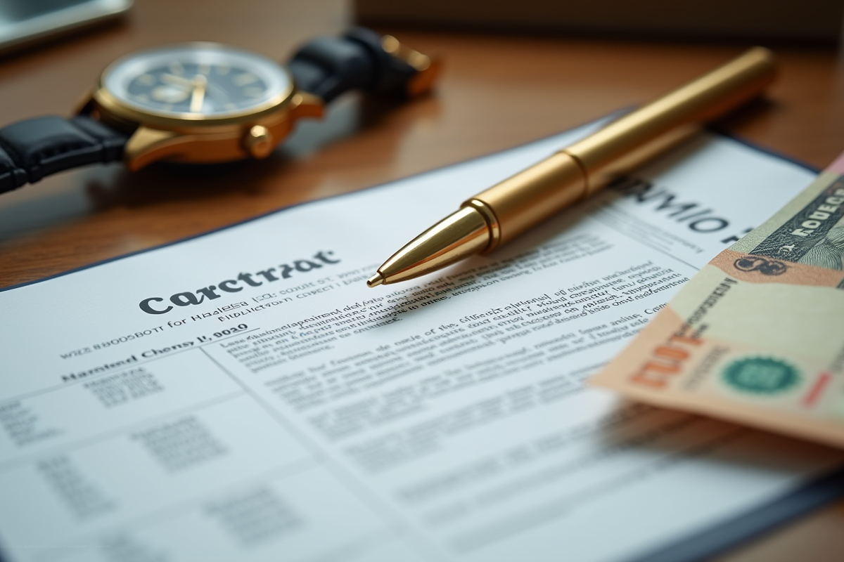 Stylo en or sur contrat financier avec montre et billets