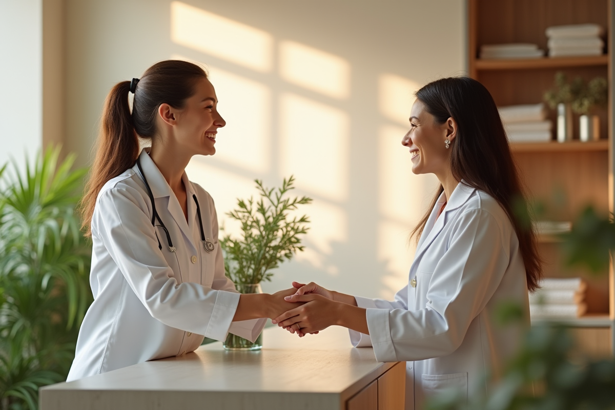 Thérapeute bien-être accueillant un client dans un spa lumineux