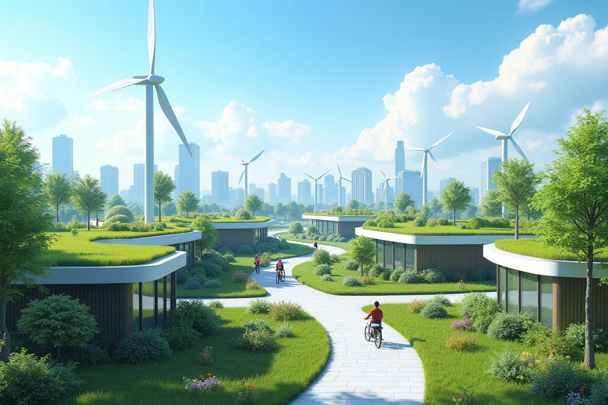 Ville moderne avec toits verts et turbines éoliennes en plein jour
