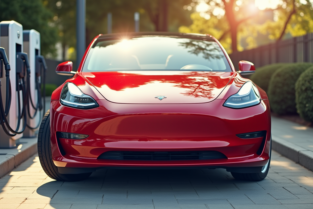 Voiture électrique rouge brillante au station de charge urbaine