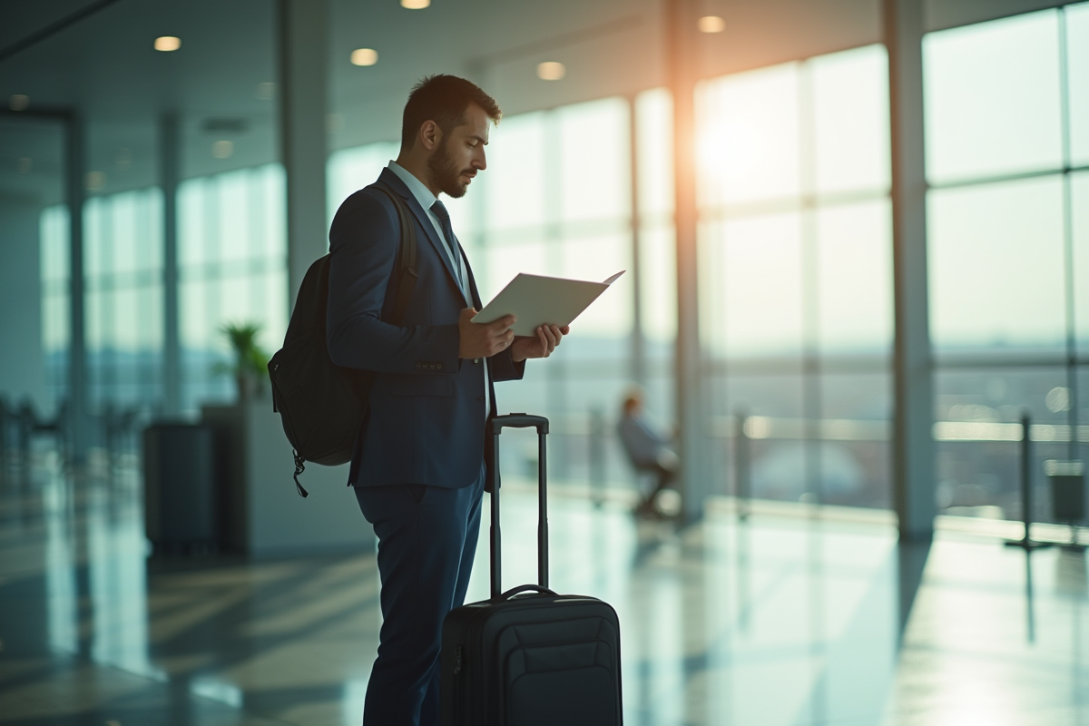 Voyageur d'affaires dans un aéroport moderne avec ordinateur