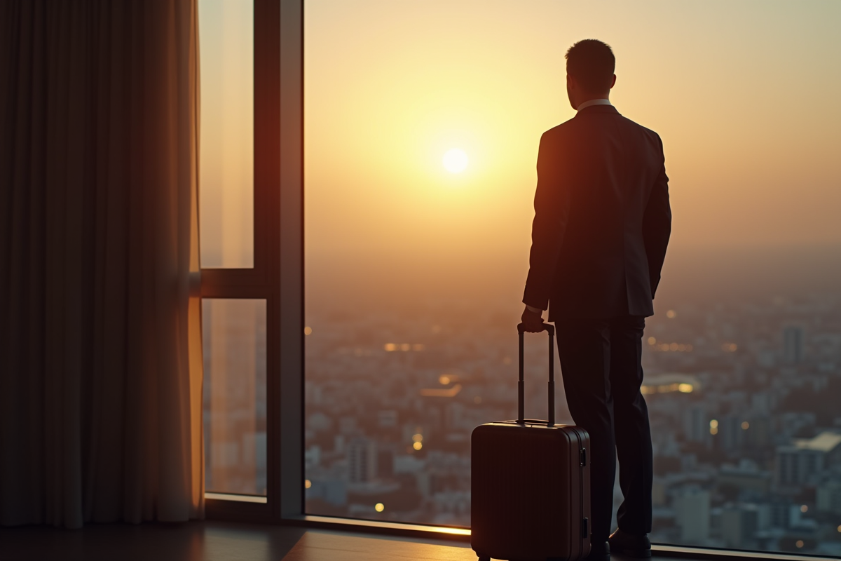 Voyageur seul regardant la ville au lever du soleil depuis une fenêtre