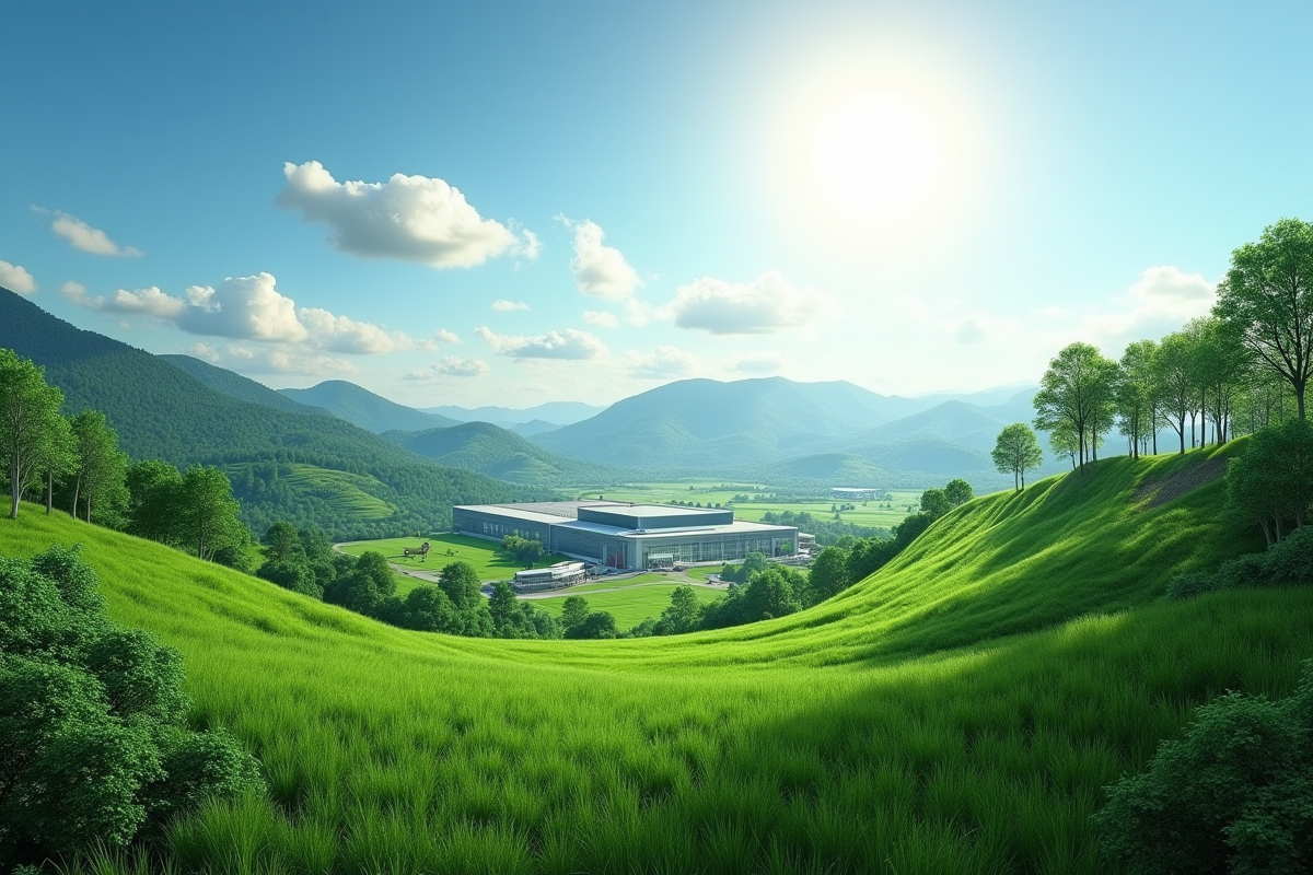Paysage vert avec installation industrielle intégrée dans la nature